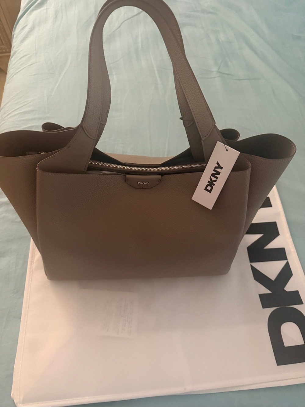 DKNY Taupe Brown Leather Tote with Dual Top Handles